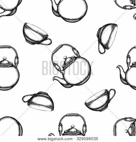 Seamless Pattern With Black And White Teapots, Cups Stock Illustration