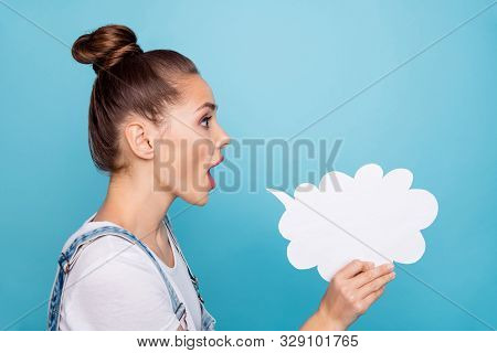 Profile Side Photo Of Impressed Lady Holding Papercard Cloud Shouting Promo Wearing White T-shirt De
