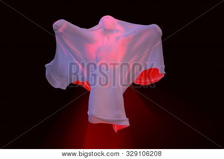 Flying White Ghost Boy Figure Covered With A Blanket Sheet On Black Background. Halloween 3d Illustr