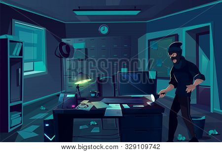 Cartoon Background Of Robbery In Police Department Or Cabinet Of Private Detective. Criminal Man, Th