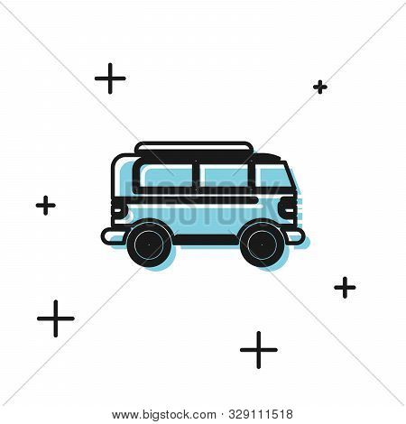 Black Retro Minivan Icon Isolated On White Background. Old Retro Classic Traveling Van. Vector Illus