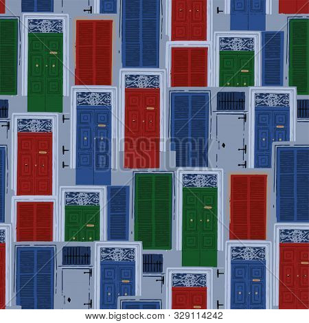Seamless Pattern Of Antient Maltese Doors With Various Decorations And Colors.