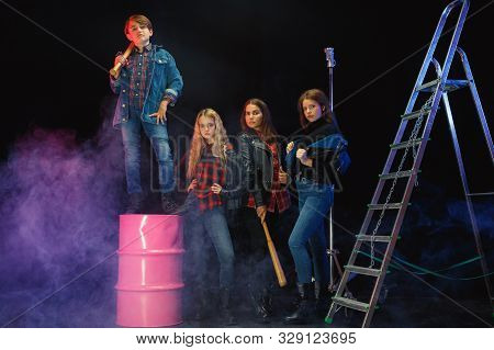 Rebel Youth. Full Length Portrait Of Cocky Children In Stylish Jeans And Leather Clothes. Concept Of