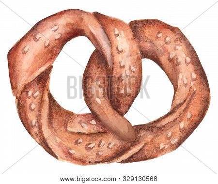 Hand Painted Watercolor Pretzel Illustration. Watercolor Illustration Of Pastry. Watercolor Pretzel,