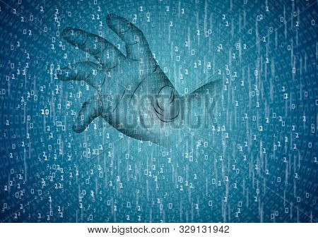 Illustration Hand Reaching To Hack Information With Binary Code Mix Media
