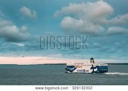 Helsinki, Finland - December 11, 2016: View Of Modern Ferry Boat Ferryboat Eckero E Line Floating In