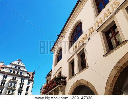 Munich, Germany - June 28, 2019: Facades Of Buildings Of Platzl Square And The Hofbraeuhaus, A Famou