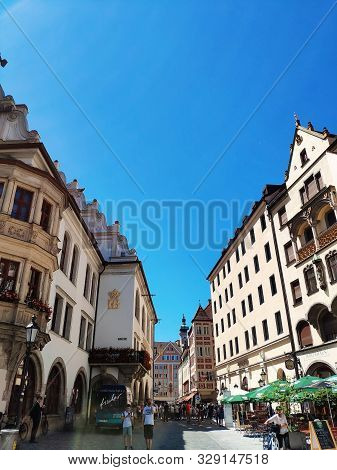 Munich, Germany - June 28, 2019: Facades Of Buildings Of Platzl Square And The Hofbraeuhaus, A Famou