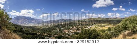 Panorama Of Mountains On The Island Of Crete On A Clear Sunny Day.