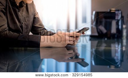 Mobile App For Internet Of Things. Big Data Technology And Cloud Computing. Businessman Hand Texting