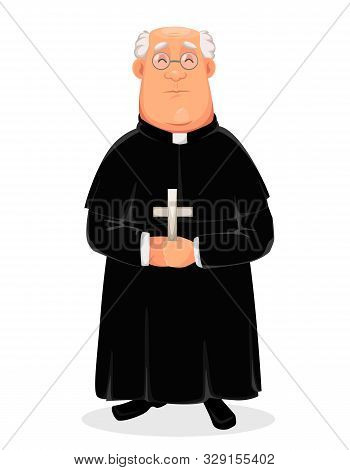 Priest Cartoon Character. Holy Father Standing With Cross In Hands. Vector Illustration On White Bac