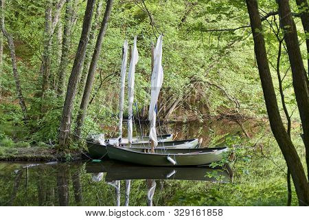 Three Small Sailboats In A Lake Near Silkeborg, Denmark