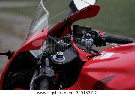 Krasnoyarsk, Russia - September 9, 2019: Red And Black Sportbike Honda Cbr 600 Rr 2005 Pc37.