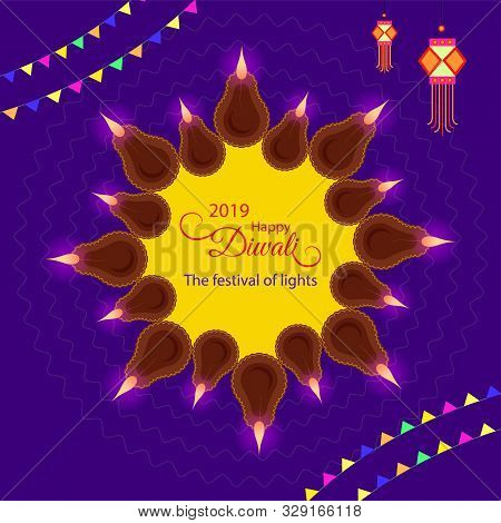 Diwali Festival Greeting Layout With Traditional Hanging Lamp. Beautiful Background With Indian Deco