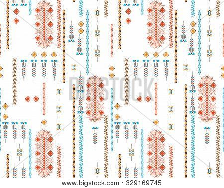 Seamless Colored Ethnic Design With Lines On White Background.