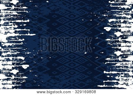 Seamless Ethnic Design On Dark Blue Background With White Lines On Two Sides.