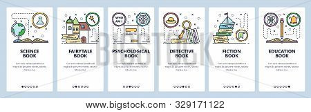 Mobile App Onboarding Screens. Science Book, Fairytale, Detective, Fiction And Non-fiction Books, Ed