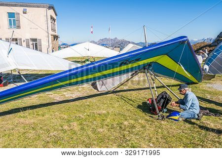 Rochers-de-naye, Canton Of Vaud, Switzerland - October 13, 2018: Hang-gliders In Swiss Alps From Top