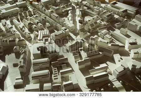 Model Of City Heilbronn In Germany, With Monochrome Reduced Forms Of Buildings In Downtown