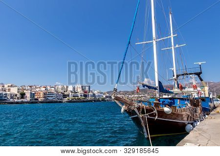 Agios Nikolaus, Greece - September 10, 2019: Sailing Boat Standing In The Port On A Sunny Day.
