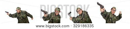 Military man with a gun isolated on white
