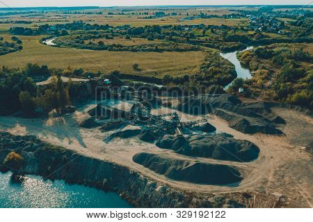 Basalt Production In Ukraine, Picturesque Aerial View Of Basalt Columns.
