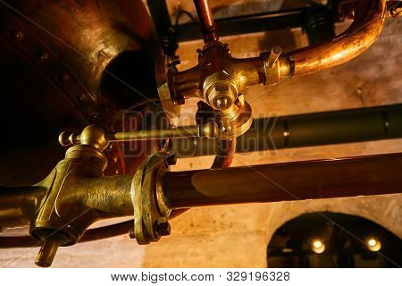 Detalis Of Medieval Traditional Distiller Cube Made From Copper Production Of Alcohol, Cognac, Whisk