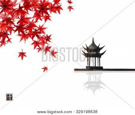 Red Japanese Maple Leaves And Pagoda Temlple Over The Water Surface. Traditional Japanese Ink Wash P