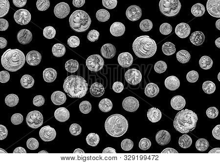 Seamless Ancient Coins Pattern With Black Background For Textile Print.
