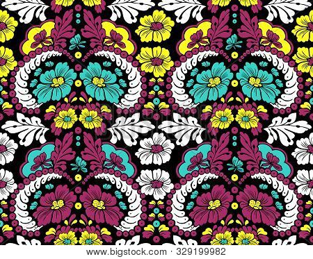 Seamless Vintage Floral Pattern With Leaves On A Black Background. Yellow, Turquoise, Deeppink Flowe