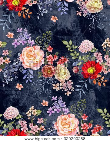 Seamless Watercolor Floral Design With Dark Blue Background For Textile Prints.