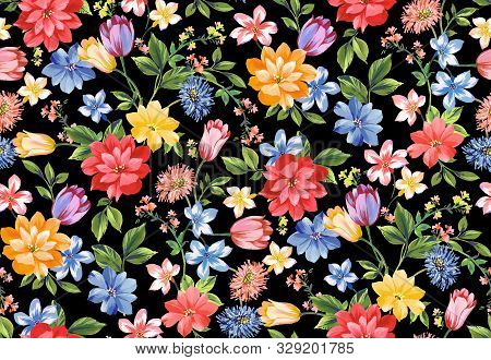 Seamless Watercolor Floral Design With Black Background For Textile Prints.