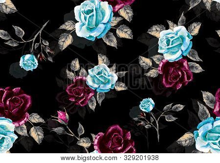 Seamless Watercolor Floral Design With Black Background For Textile Prints.
