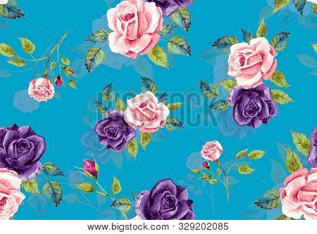 Seamless Watercolor Floral Design With Blue Background For Textile Prints.