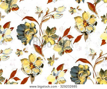 Seamless Watercolor Floral Design With White Background For Textile Prints.