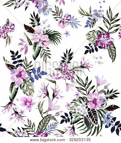 Seamless Colored Tropical Flowers For Textile; Retro Hawaiian Style Floral Arrangement, Vintage Styl