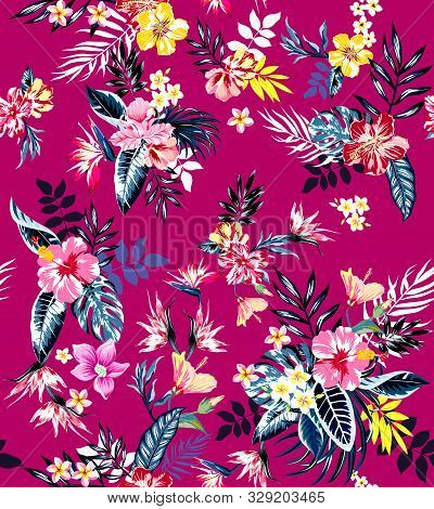 Seamless Colored Tropical Flowers For Textile; Retro Hawaiian Style Floral Arrangement, Vintage Styl