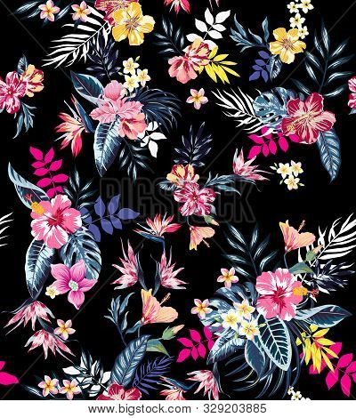 Seamless Colored Tropical Flowers For Textile; Retro Hawaiian Style Floral Arrangement, Vintage Styl