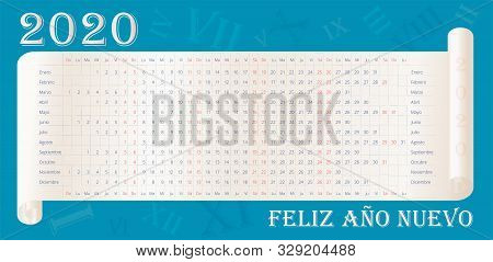 2020 Wall Calendar In Spanish. Happy New Year Text In Spanish. Calendario Español. 12 Months Line By
