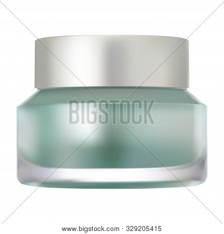 Glass Cream Jar Mockup. Realistic Vector Container Blank For Cosmetic Product. Round Package With Si