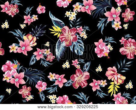 Seamless Colored Tropical Flowers For Textile; Retro Hawaiian Style Floral Arrangement, Vintage Styl