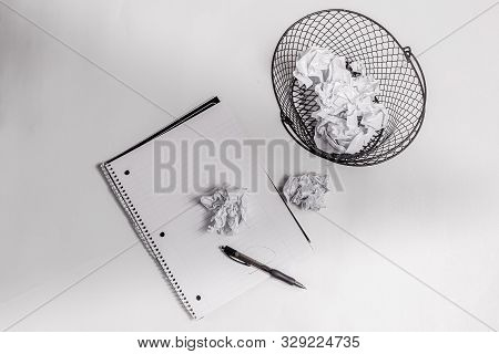 Failure Ideas. Crumpled Paper Notes In Wired Basket Bin. Have No Ideas, Paper In Bucket. Deadline At