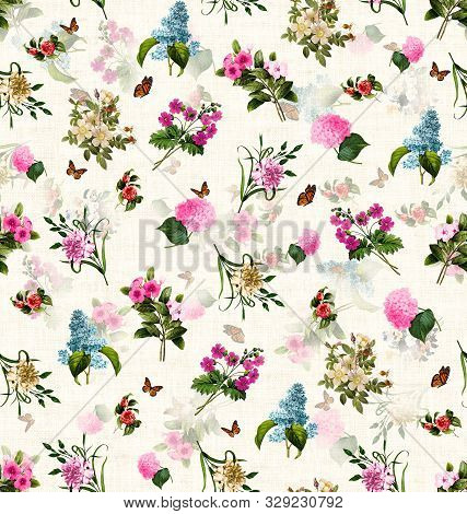 Seamless Pattern With Pink Dahlias Small Abstract Blue, White And Green Fantasy Flowers. Ready For T
