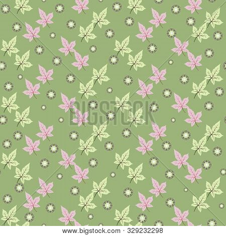 Seamless Pattern Of Pale Golden And Pink Maple Leaves, Small Multipath Stars, Pale Green Background.