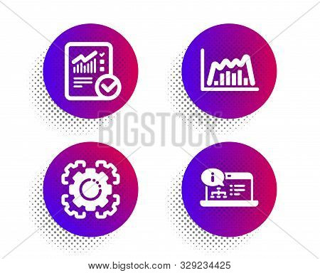 Seo Gear, Checked Calculation And Infographic Graph Icons Simple Set. Halftone Dots Button. Online D