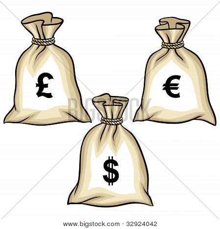 Money bags with dollars, euro and pound. Vector.