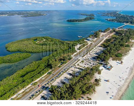 Aerial View Of Coquina Beach With White Sand Beach And The Main Road, Anna Maria Island, Florida. Us