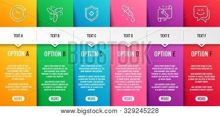 Chemistry Pipette, Spanner And Medical Shield Line Icons Set. Infographic Timeline. Time Change, Win