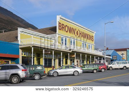 Seward, Ak, Usa - Sep. 19, 2019: Historic Buildings In Seward City Center On 4th Avenue Near Washing