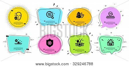 Skin Care, Skin Condition And Spa Stones Line Icons Set. Chat Bubbles With Quotes. Uv Protection, Uv
